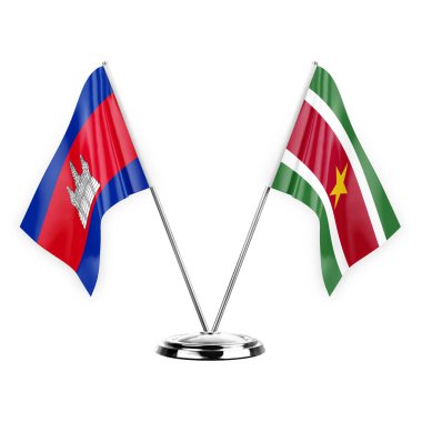 Two table flags isolated on white background 3d illustration, cambodia and suriname