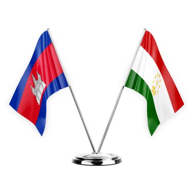 Two table flags isolated on white background 3d illustration, cambodia and tajikistan