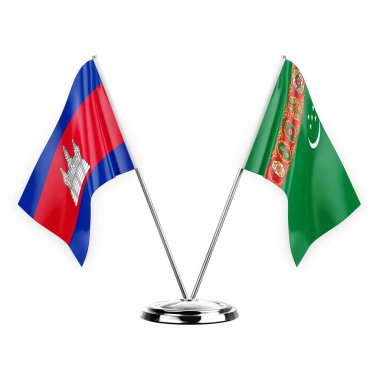 Two table flags isolated on white background 3d illustration, cambodia and turkmenistan
