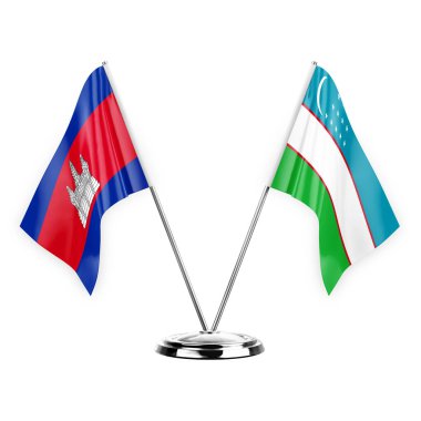 Two table flags isolated on white background 3d illustration, cambodia and uzbekistan