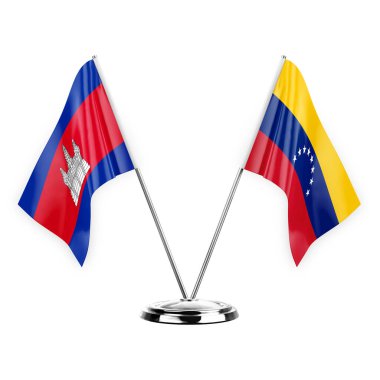 Two table flags isolated on white background 3d illustration, cambodia and venezuela