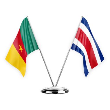 Two table flags isolated on white background 3d illustration, cameroon and costa rica