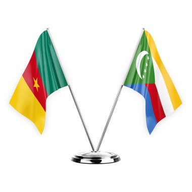 Two table flags isolated on white background 3d illustration, cameroon and comoros