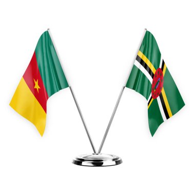 Two table flags isolated on white background 3d illustration, cameroon and dominica