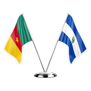 Two table flags isolated on white background 3d illustration, cameroon and el salvador