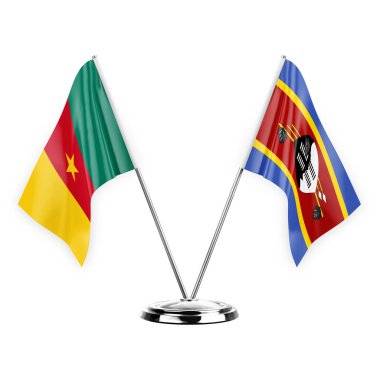 Two table flags isolated on white background 3d illustration, cameroon and eswatini