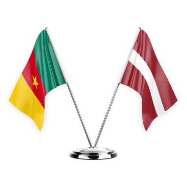 Two table flags isolated on white background 3d illustration, cameroon and latvia