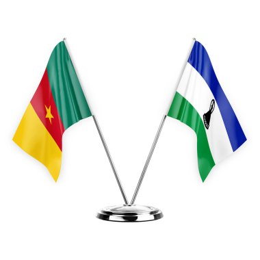 Two table flags isolated on white background 3d illustration, cameroon and lesotho