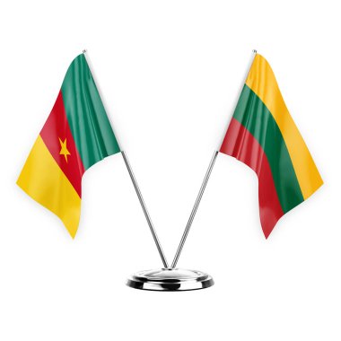 Two table flags isolated on white background 3d illustration, cameroon and lithuania