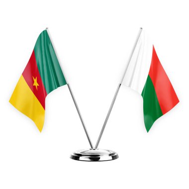 Two table flags isolated on white background 3d illustration, cameroon and madagascar