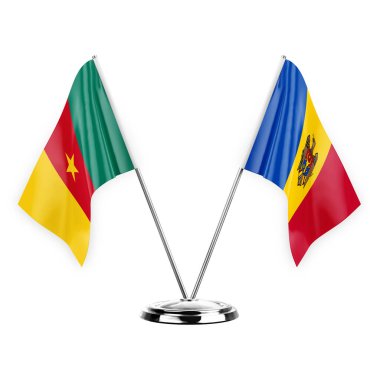 Two table flags isolated on white background 3d illustration, cameroon and moldova