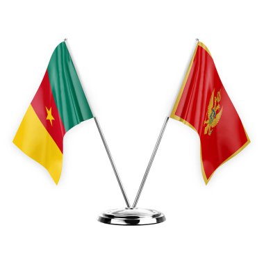 Two table flags isolated on white background 3d illustration, cameroon and montenegro