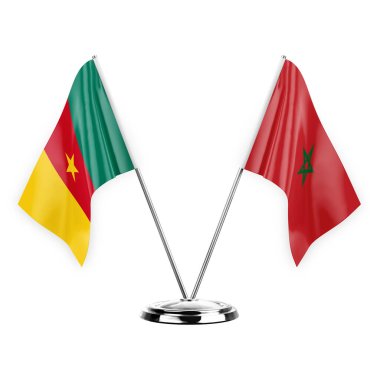 Two table flags isolated on white background 3d illustration, cameroon and morocco