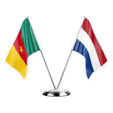 Two table flags isolated on white background 3d illustration, cameroon and netherlands