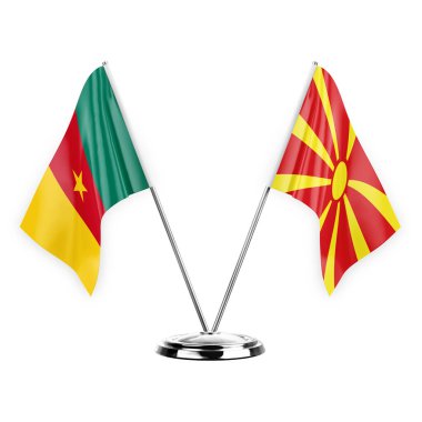 Two table flags isolated on white background 3d illustration, cameroon and north macedonia