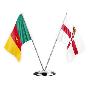 Two table flags isolated on white background 3d illustration, cameroon and ireland