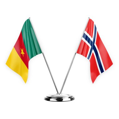 Two table flags isolated on white background 3d illustration, cameroon and norway