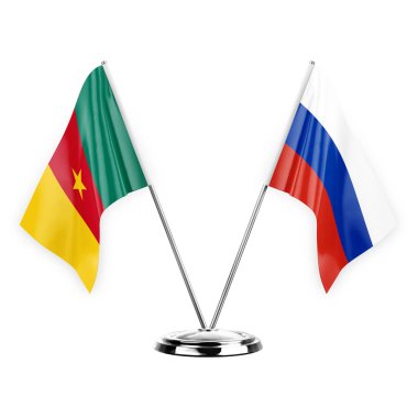 Two table flags isolated on white background 3d illustration, cameroon and russia