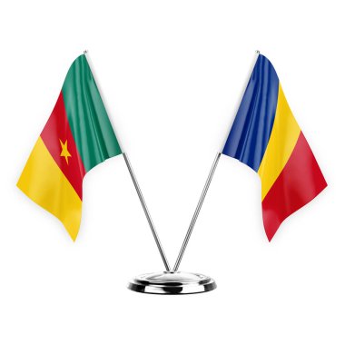 Two table flags isolated on white background 3d illustration, cameroon and romania