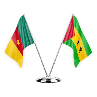 Two table flags isolated on white background 3d illustration, cameroon and sao tome and principe