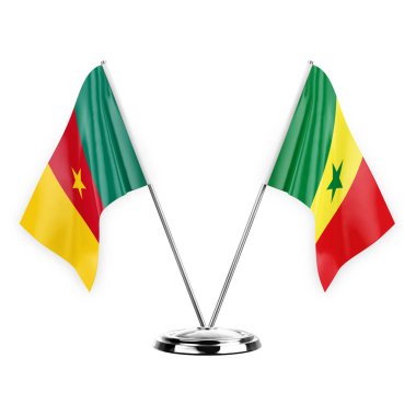 Two table flags isolated on white background 3d illustration, cameroon and senegal