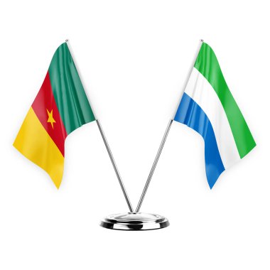 Two table flags isolated on white background 3d illustration, cameroon and sierra leone