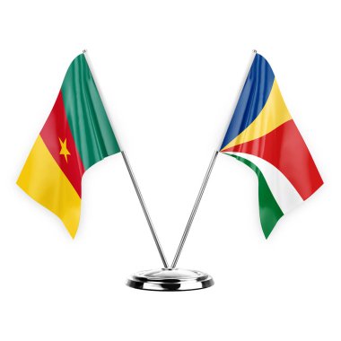 Two table flags isolated on white background 3d illustration, cameroon and seychelles
