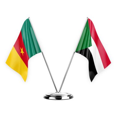 Two table flags isolated on white background 3d illustration, cameroon and sudan