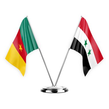 Two table flags isolated on white background 3d illustration, cameroon and syria