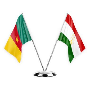 Two table flags isolated on white background 3d illustration, cameroon and tajikistan