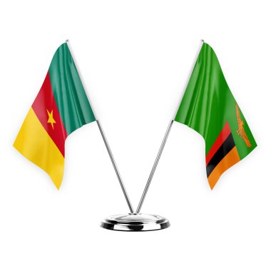 Two table flags isolated on white background 3d illustration, cameroon and zambia