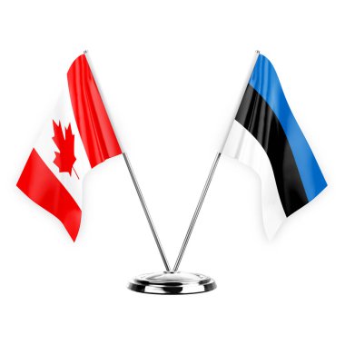 Two table flags isolated on white background 3d illustration, canada and estonia