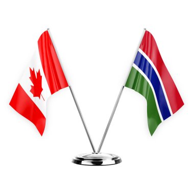 Two table flags isolated on white background 3d illustration, canada and gambia