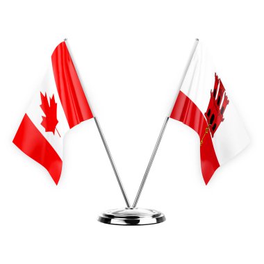 Two table flags isolated on white background 3d illustration, canada and gibraltar