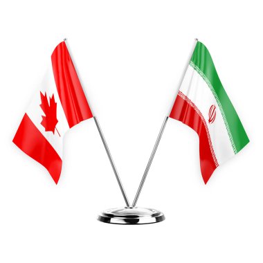 Two table flags isolated on white background 3d illustration, canada and iran