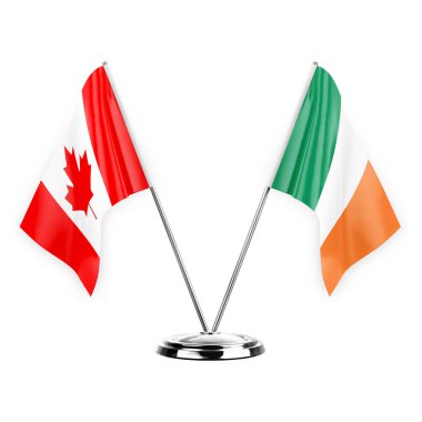 Two table flags isolated on white background 3d illustration, canada and ireland