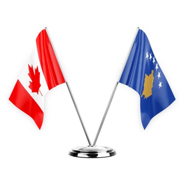 Two table flags isolated on white background 3d illustration, canada and kosovo
