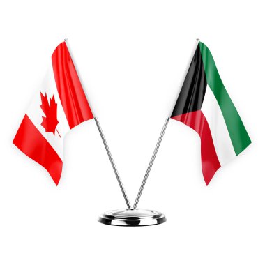 Two table flags isolated on white background 3d illustration, canada and kuwait