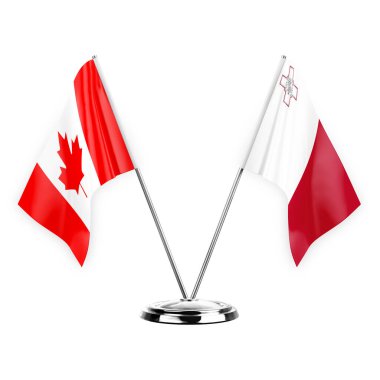 Two table flags isolated on white background 3d illustration, canada and malta