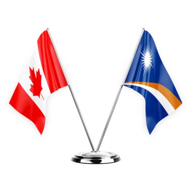 Two table flags isolated on white background 3d illustration, canada and marshall islands