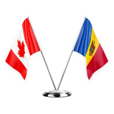 Two table flags isolated on white background 3d illustration, canada and moldova