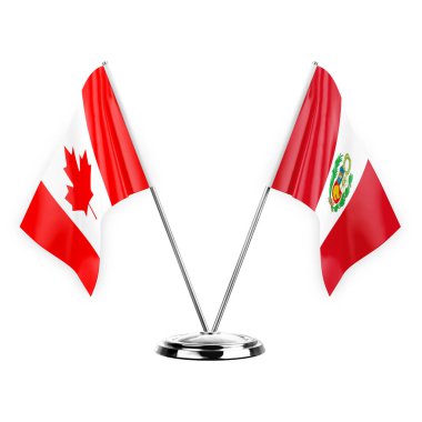 Two table flags isolated on white background 3d illustration, canada and peru