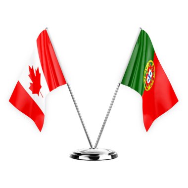 Two table flags isolated on white background 3d illustration, canada and portugal