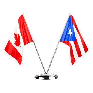 Two table flags isolated on white background 3d illustration, canada and puerto rico