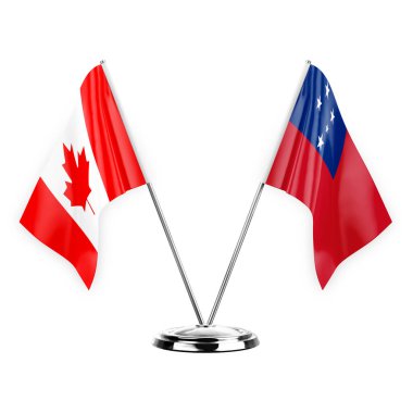 Two table flags isolated on white background 3d illustration, canada and samoa