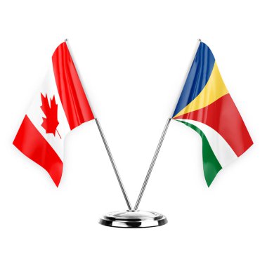 Two table flags isolated on white background 3d illustration, canada and seychelles