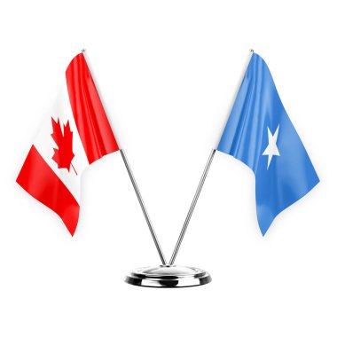 Two table flags isolated on white background 3d illustration, canada and somalia