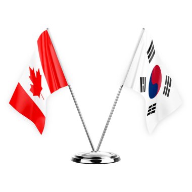 Two table flags isolated on white background 3d illustration, canada and south korea
