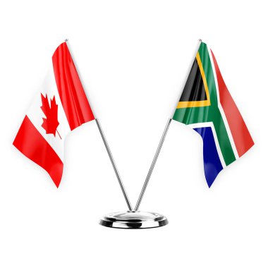 Two table flags isolated on white background 3d illustration, canada and south africa