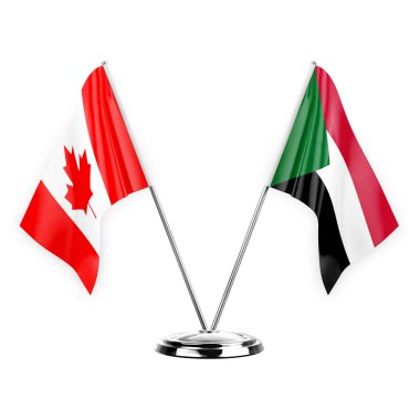 Two table flags isolated on white background 3d illustration, canada and sudan
